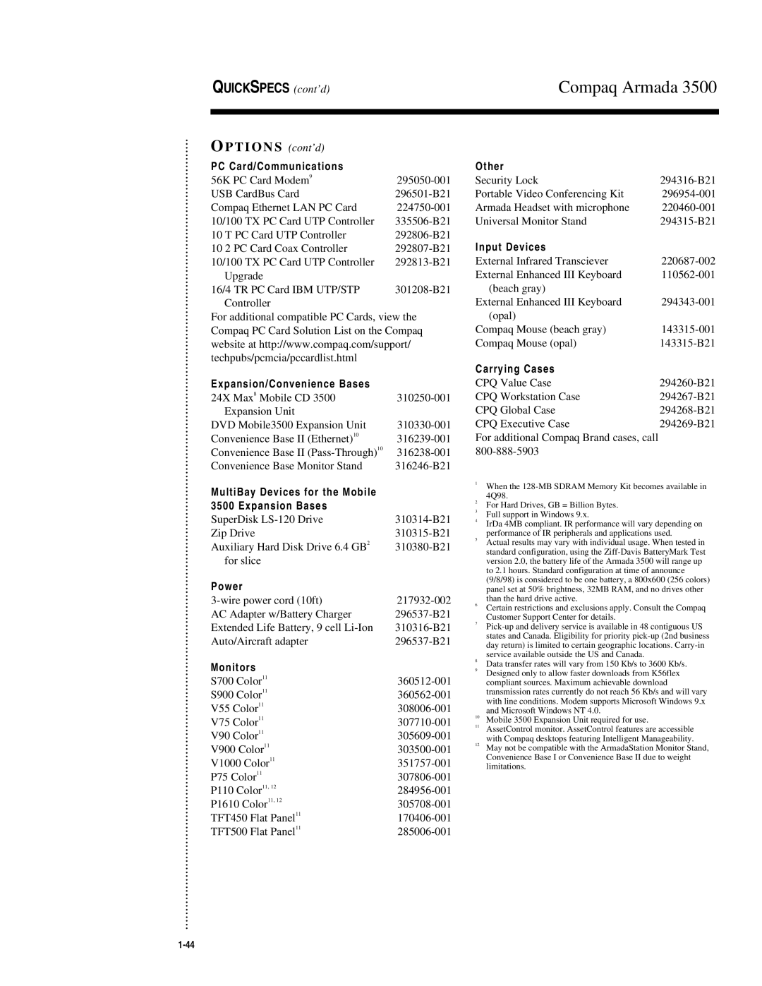 Compaq 3500 warranty Expansion/Convenience Bases, MultiBay Devices for the Mobile Expansion Bases, Power, Monitors, Other 