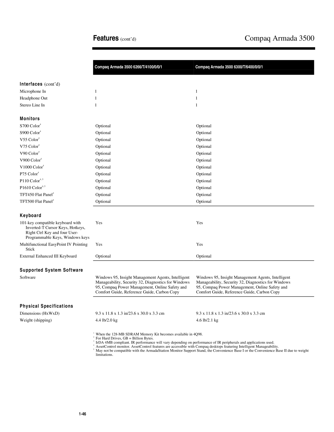 Compaq 3500 warranty Interfaces cont’d, Supported System Software, Physical Specifications 