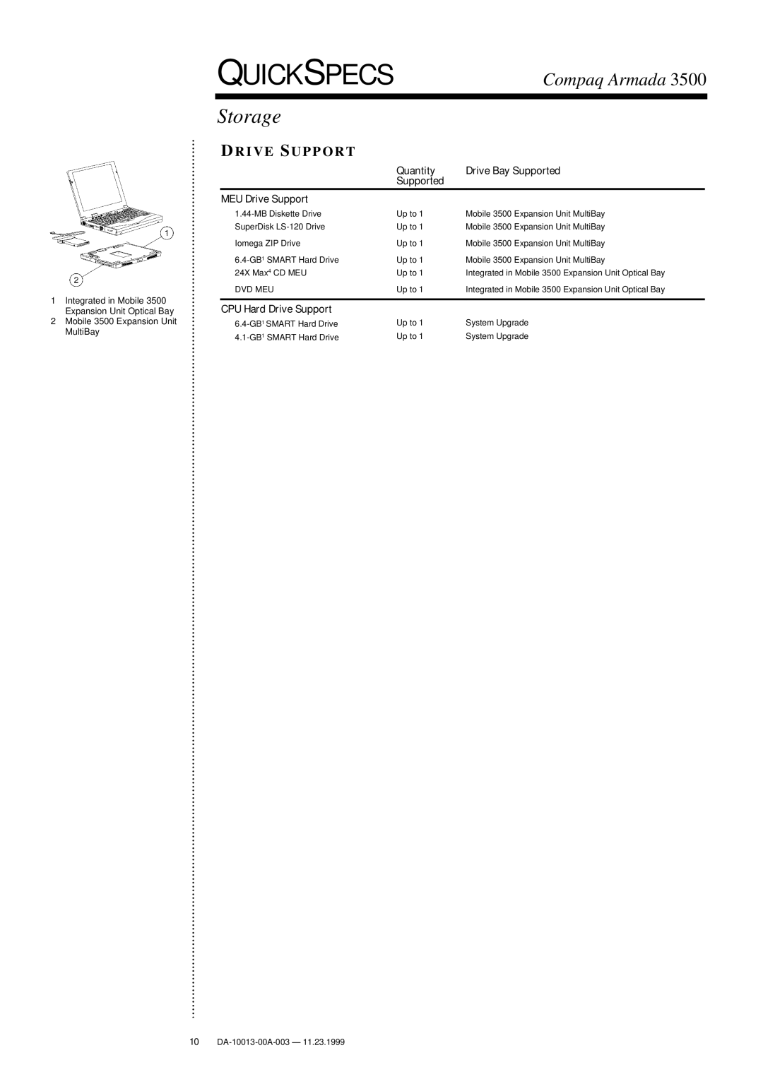 Compaq 3500 warranty Quantity Drive Bay Supported MEU Drive Support, CPU Hard Drive Support 