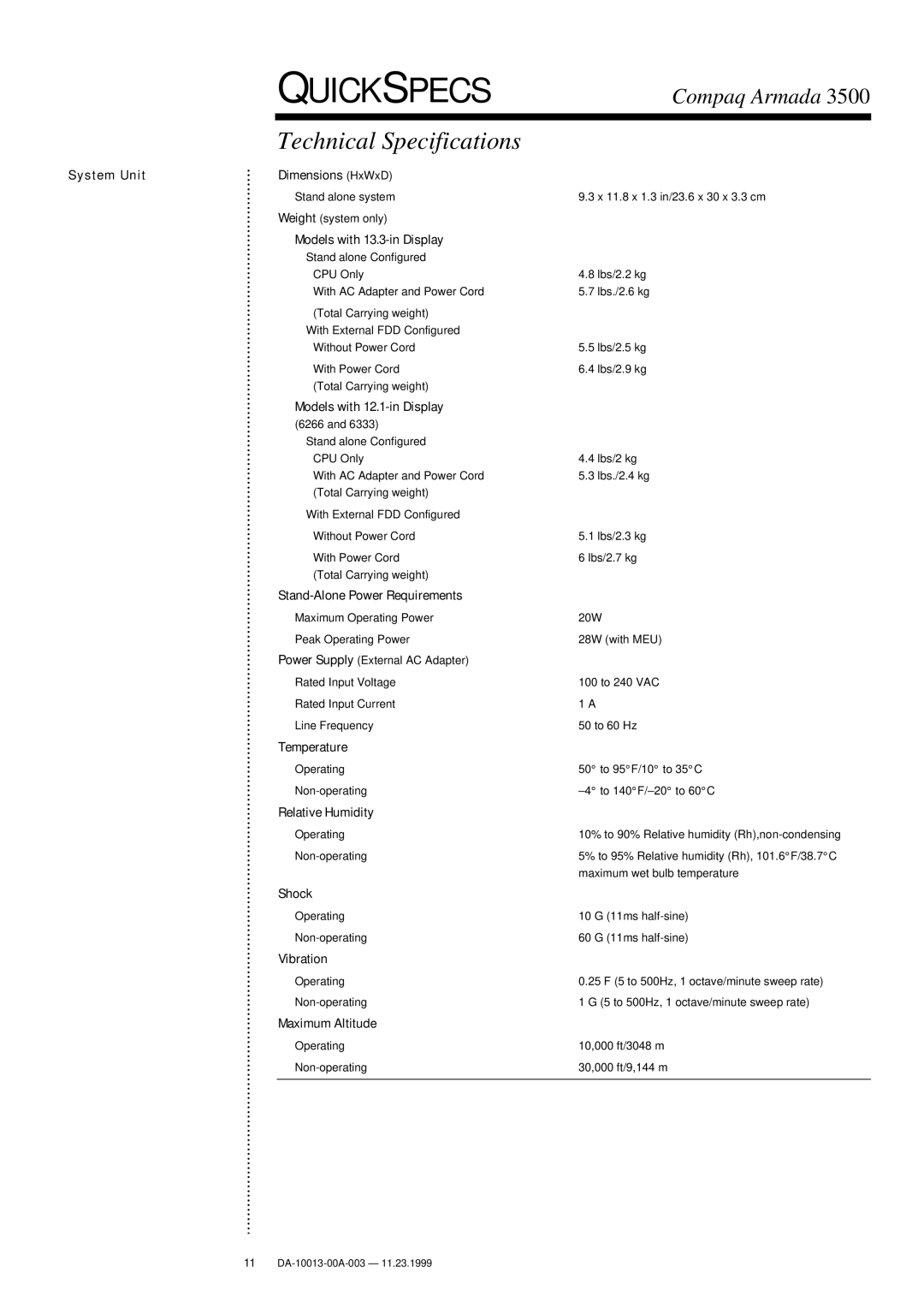 Compaq 3500 warranty Technical Specifications 