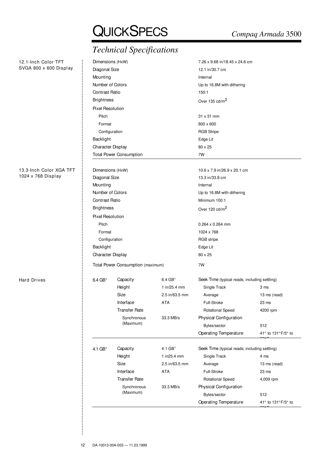 Compaq 3500 warranty Technical Specifications, Ata 