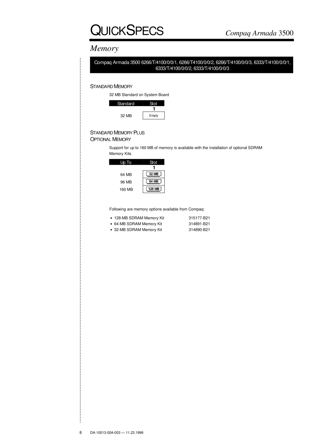 Compaq 3500 warranty Standard Memory Plus Optional Memory 