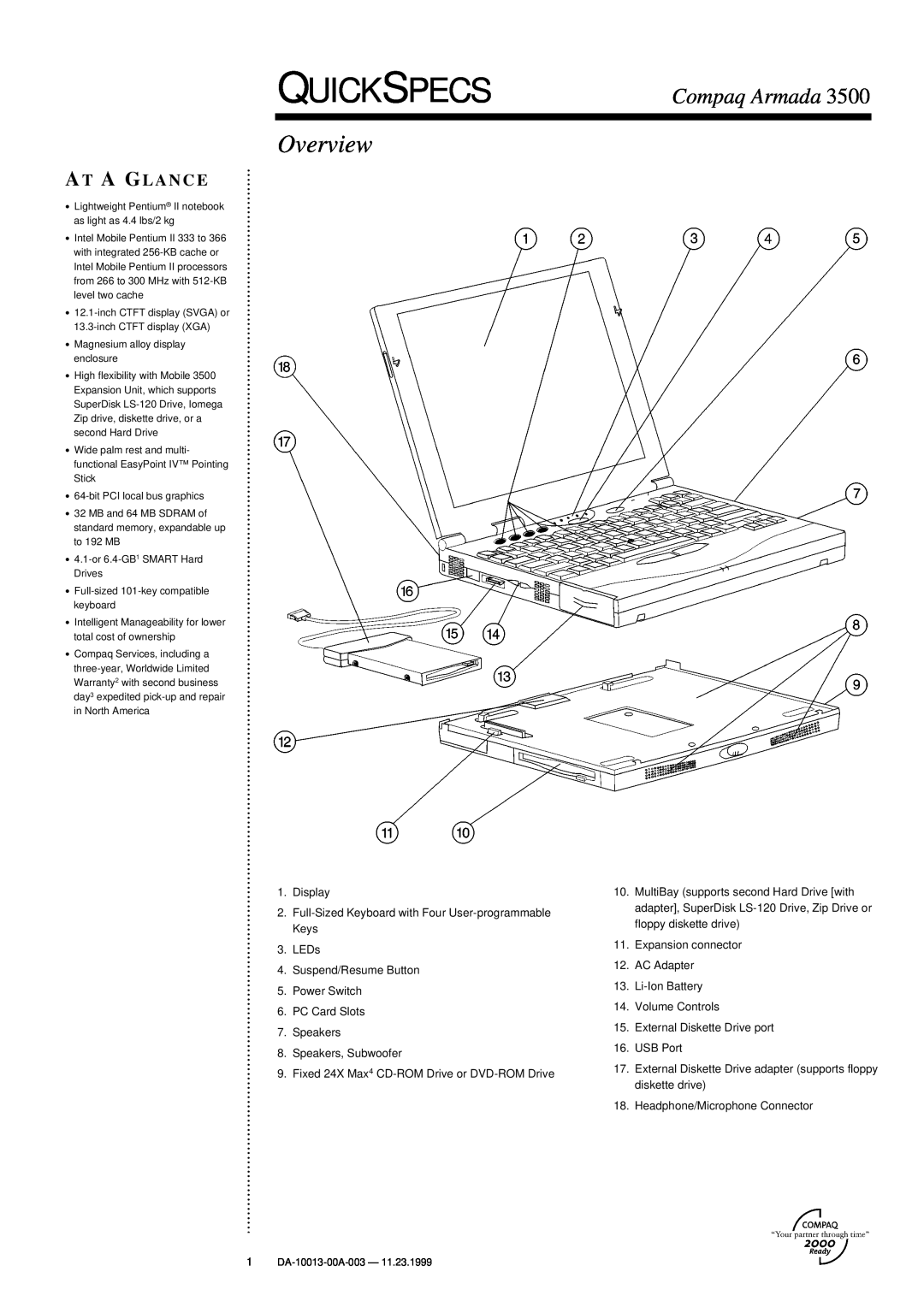 Compaq 3500 warranty Quickspecs, Overview, Compaq Armada, At A Glance 