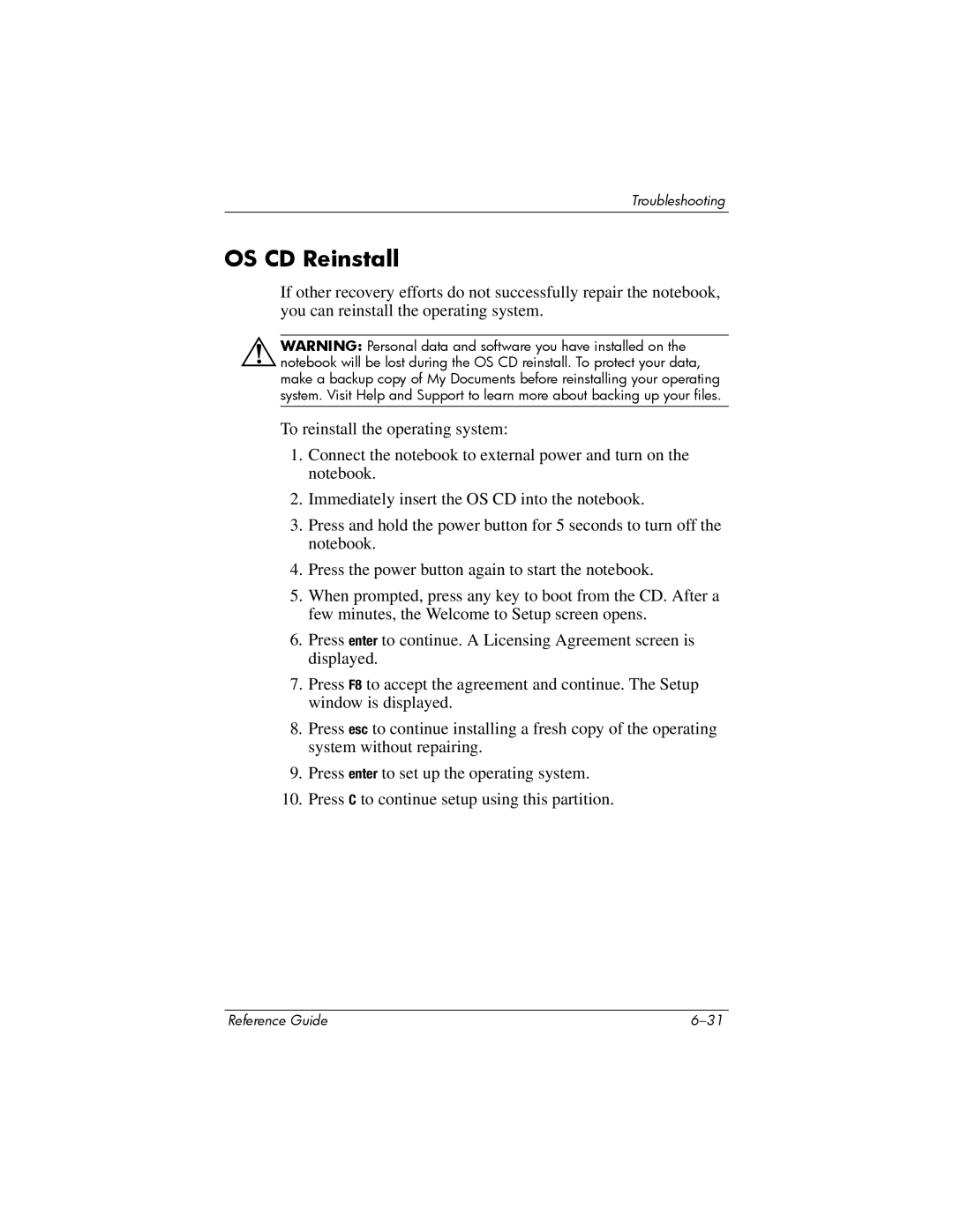 Compaq 370698-001 manual OS CD Reinstall 