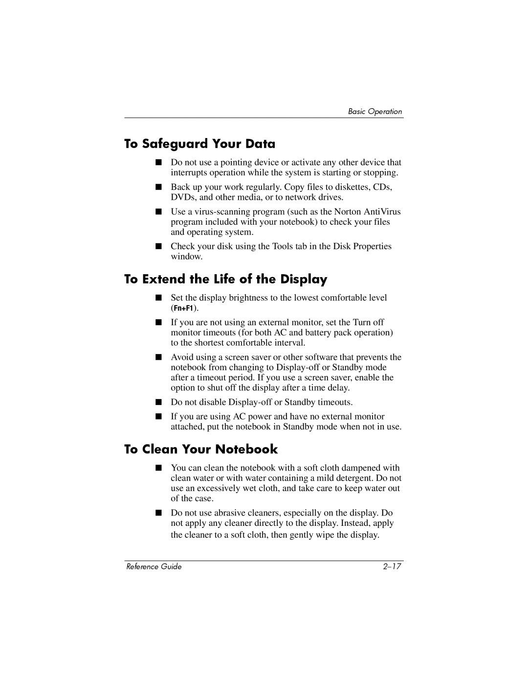 Compaq 370698-001 manual To Safeguard Your Data, To Extend the Life of the Display, To Clean Your Notebook 