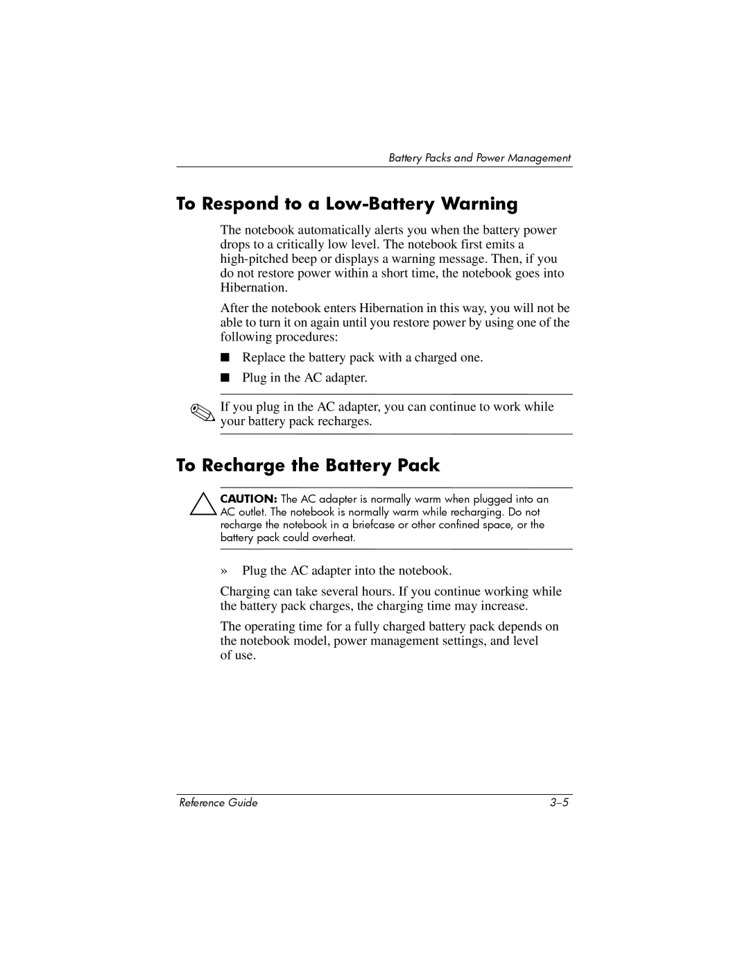 Compaq 370698-001 manual To Respond to a Low-Battery Warning, To Recharge the Battery Pack 