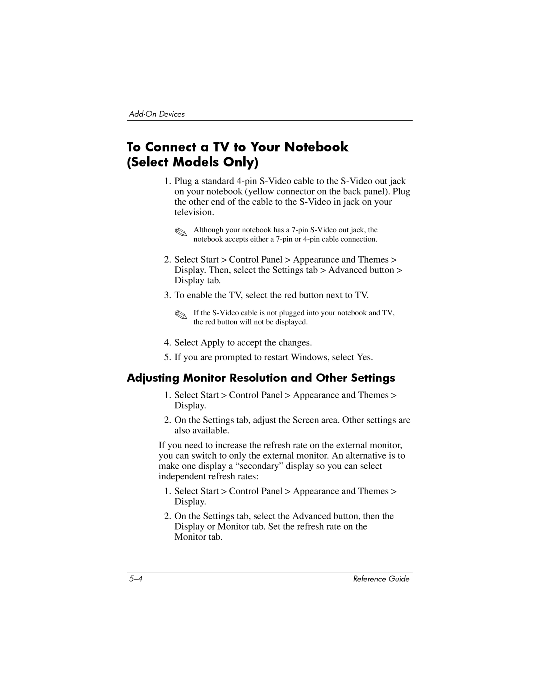 Compaq 370698-001 To Connect a TV to Your Notebook Select Models Only, Adjusting Monitor Resolution and Other Settings 