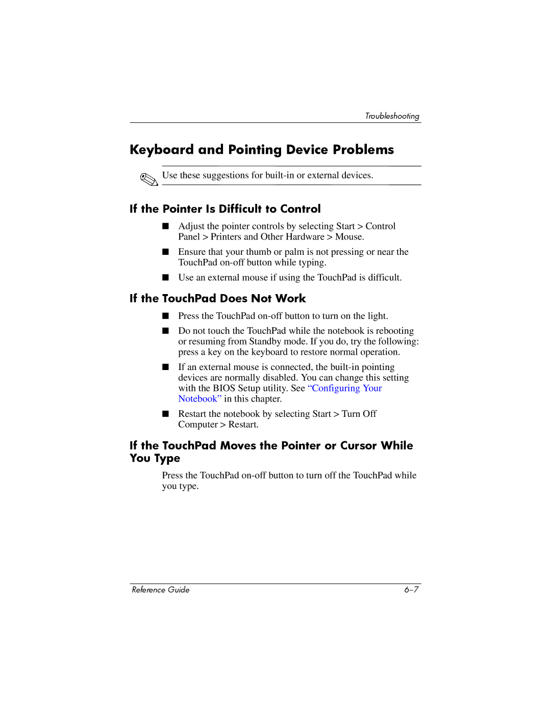 Compaq 370698-001 manual Keyboard and Pointing Device Problems, If the Pointer Is Difficult to Control 
