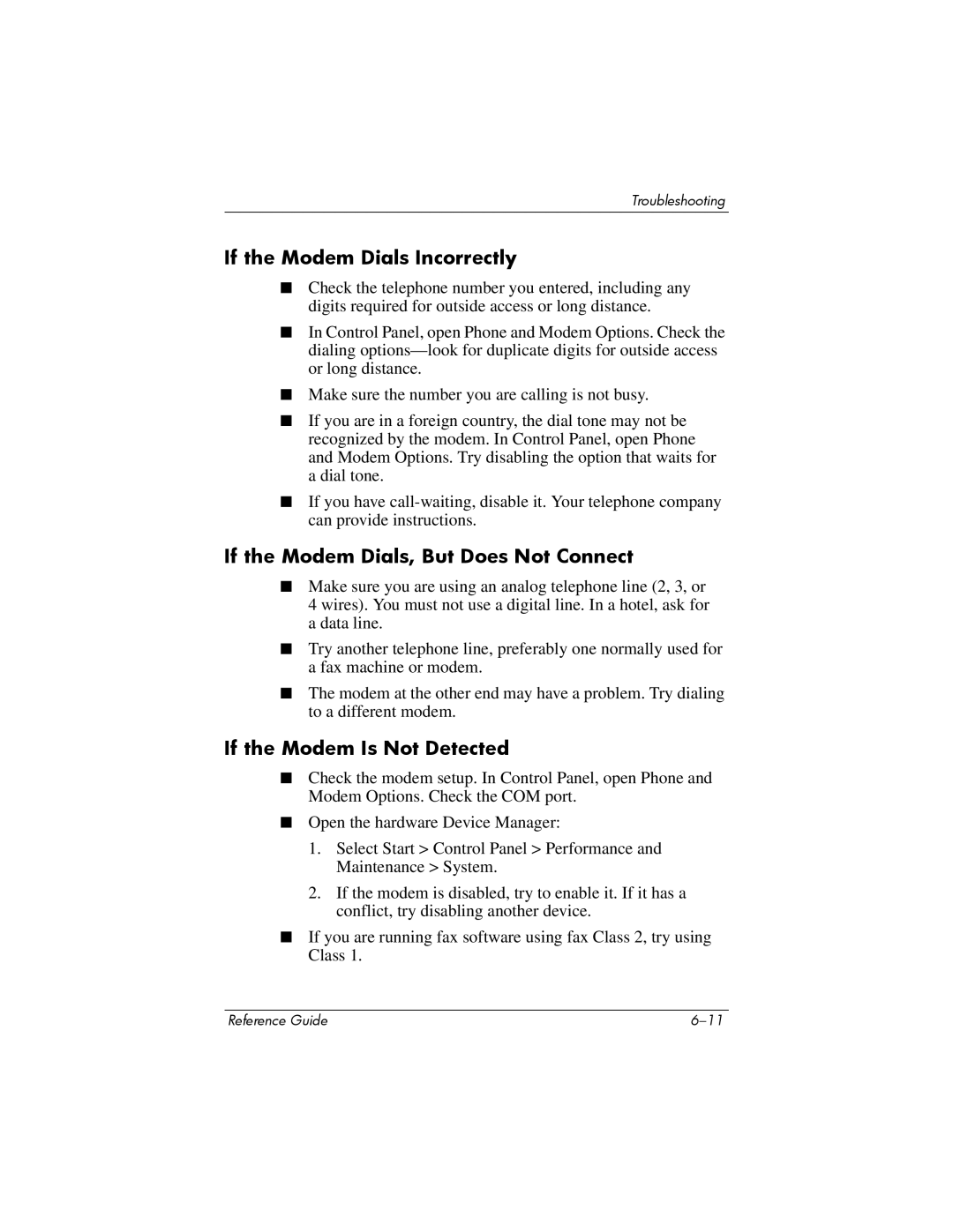 Compaq 370698-001 If the Modem Dials Incorrectly, If the Modem Dials, But Does Not Connect, If the Modem Is Not Detected 