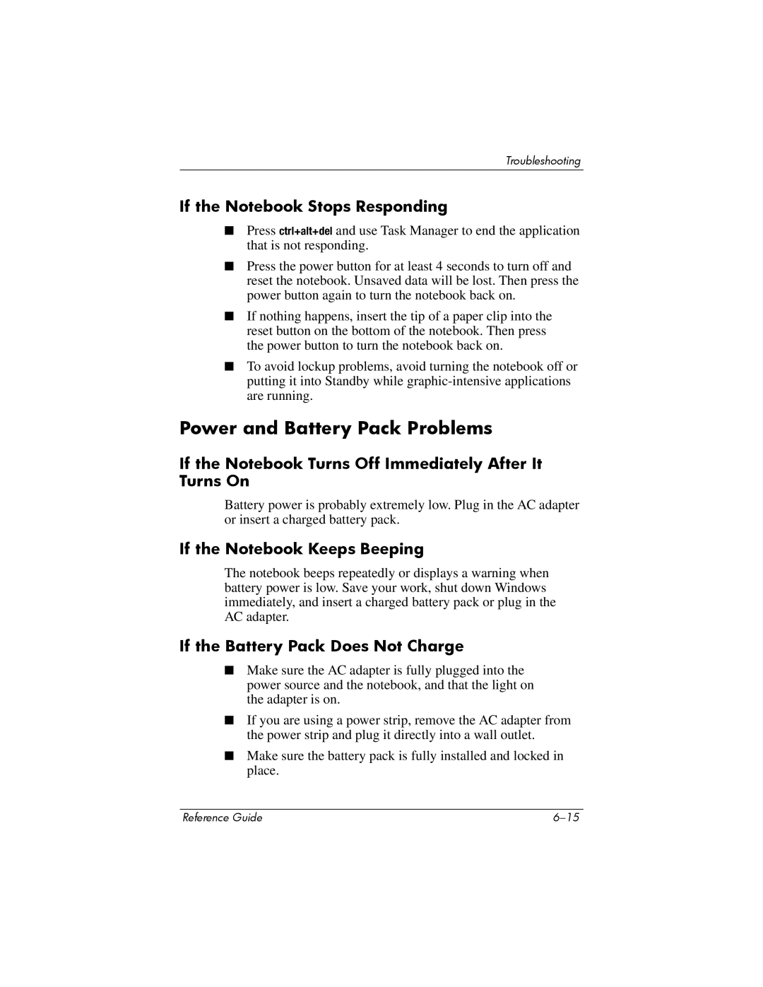 Compaq 370698-001 manual Power and Battery Pack Problems, If the Notebook Stops Responding 