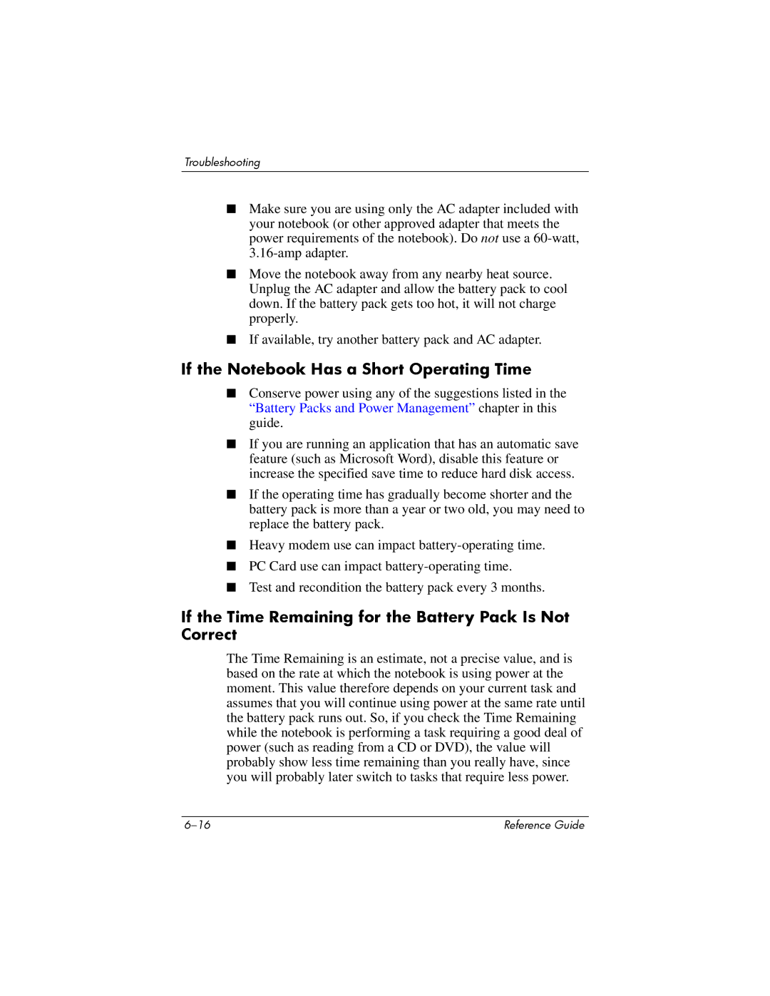 Compaq 370698-001 If the Notebook Has a Short Operating Time, If the Time Remaining for the Battery Pack Is Not Correct 