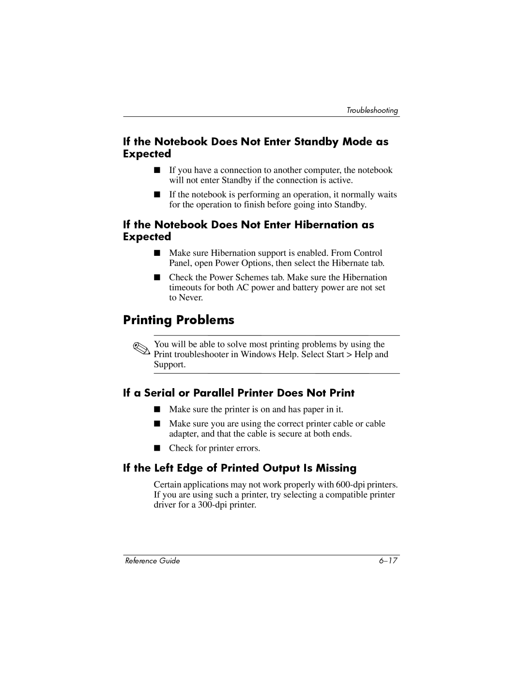 Compaq 370698-001 manual Printing Problems, If the Notebook Does Not Enter Standby Mode as Expected 