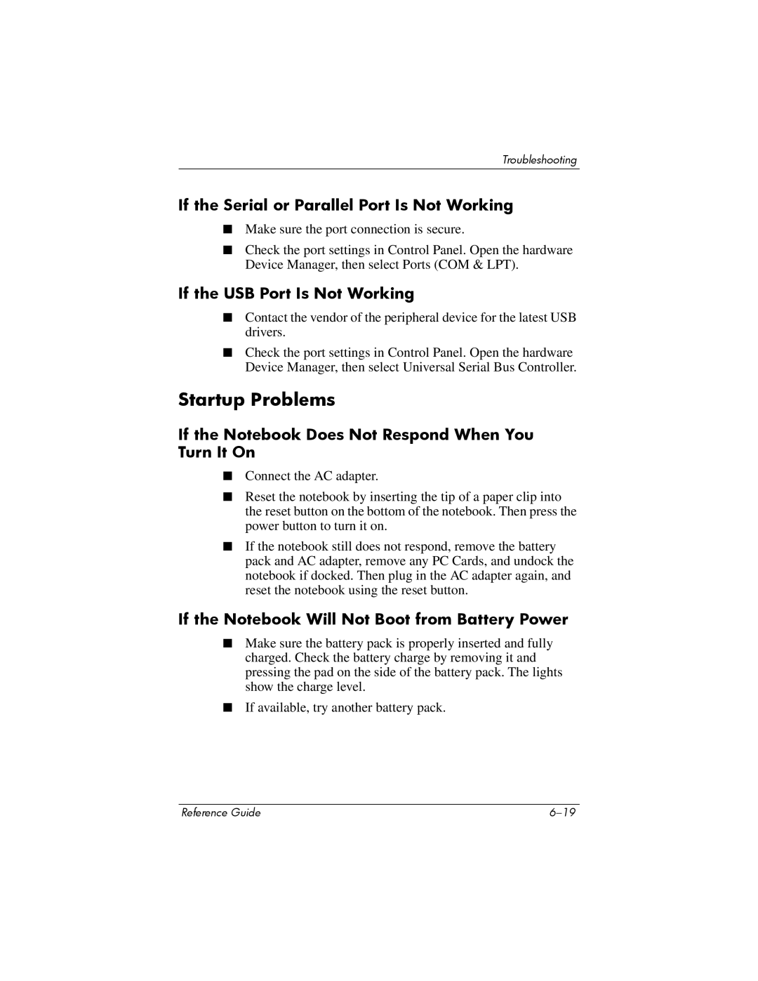 Compaq 370698-001 manual Startup Problems, If the Serial or Parallel Port Is Not Working, If the USB Port Is Not Working 