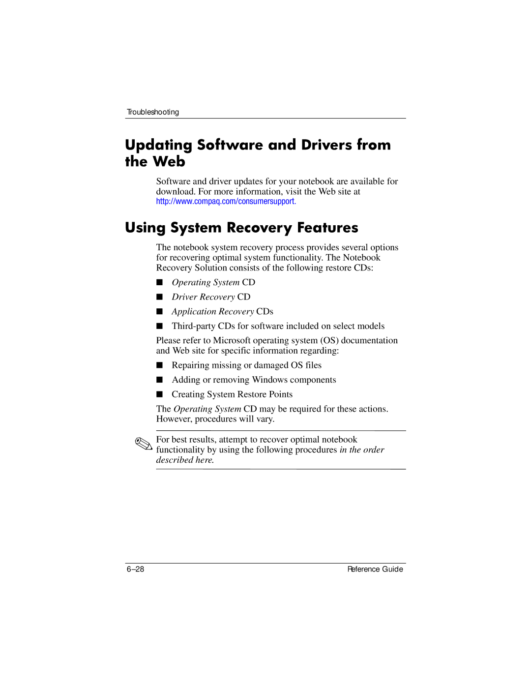 Compaq 370698-001 manual Updating Software and Drivers from the Web, Using System Recovery Features 