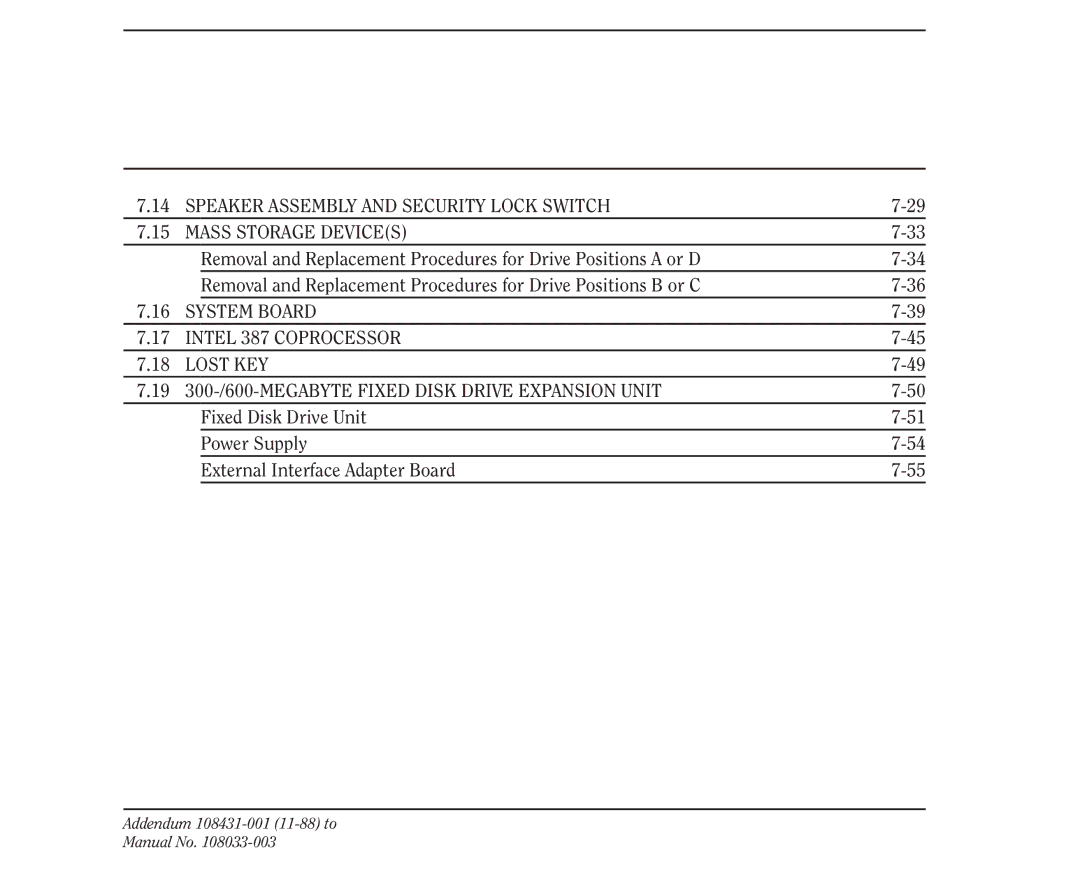 Compaq 386 manual Addendum 108431-001 11-88 to Manual No 