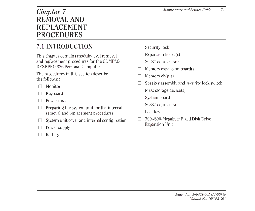 Compaq 386 manual Removal and Replacement Procedures 