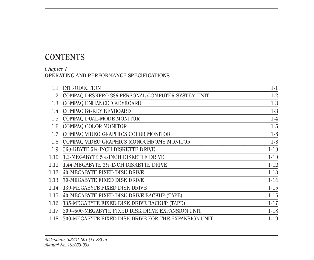 Compaq 386 manual Addendum 108431-001 11-88 to Manual No 