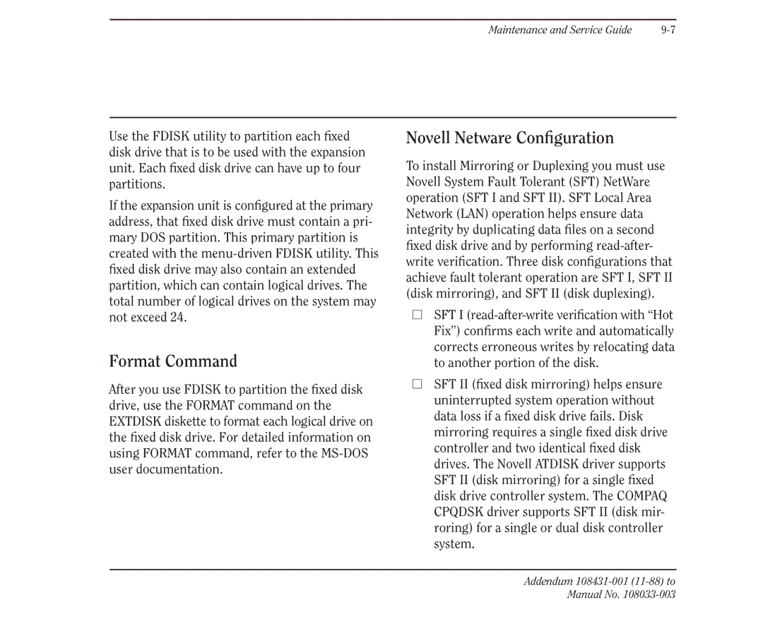 Compaq 386 manual Format Command, Novell Netware Configuration 