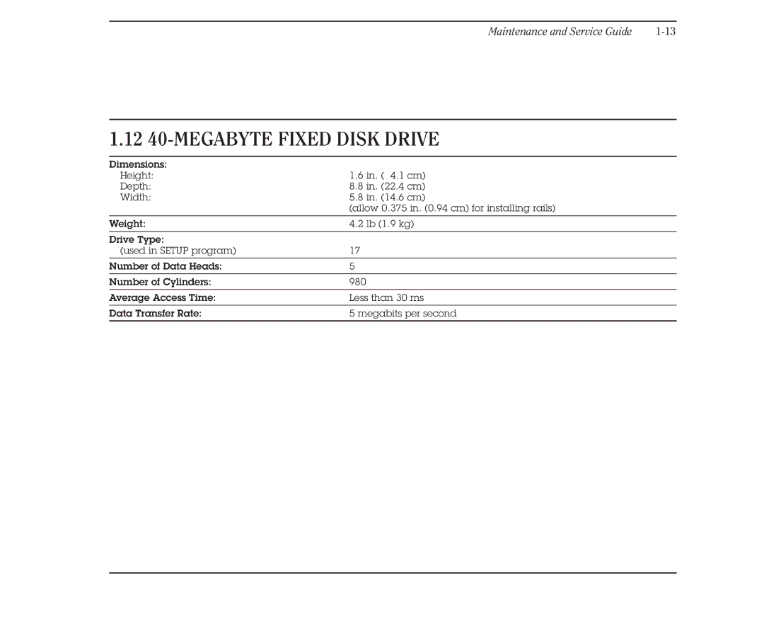 Compaq 386 manual 12 40-MEGABYTE Fixed Disk Drive 