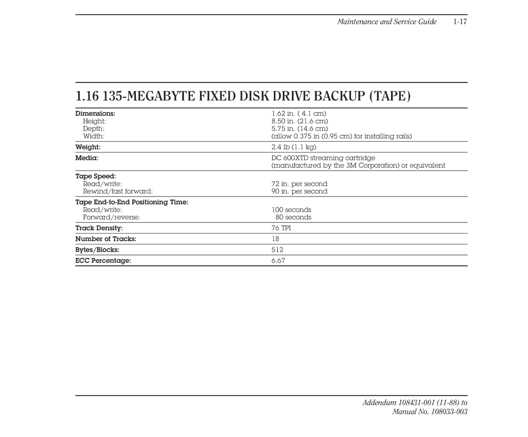 Compaq 386 manual 16 135-MEGABYTE Fixed Disk Drive Backup Tape 