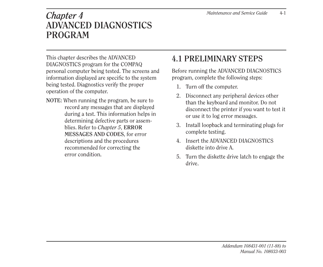 Compaq 386 manual Advanced Diagnostics Program, Preliminary Steps 