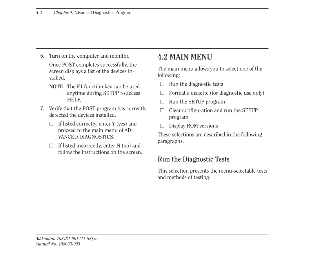 Compaq 386 manual Main Menu, Run the Diagnostic Tests 