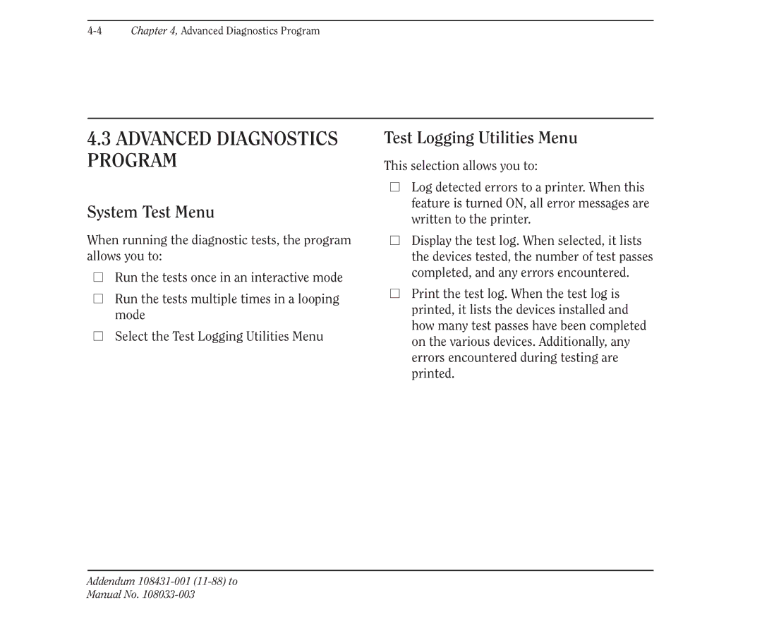 Compaq 386 manual Advanced Diagnostics Program, System Test Menu, Test Logging Utilities Menu 