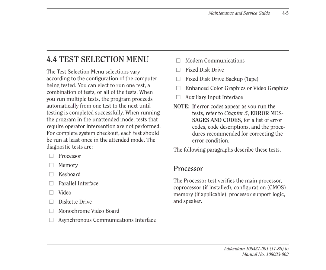 Compaq 386 manual Test Selection Menu, Processor 