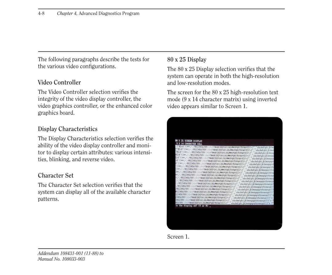 Compaq 386 manual Video Controller, 80 x 25 Display, Display Characteristics, Character Set 