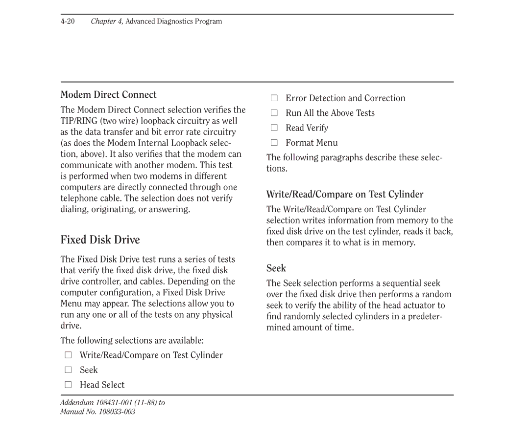 Compaq 386 manual Fixed Disk Drive, Modem Direct Connect, Write/Read/Compare on Test Cylinder, Seek 