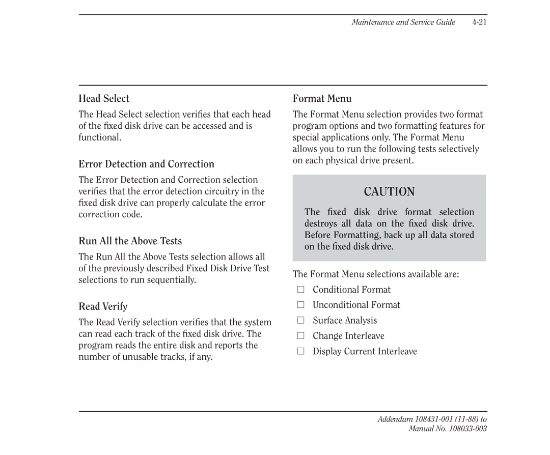 Compaq 386 manual Head Select, Error Detection and Correction, Run All the Above Tests, Read Verify, Format Menu 