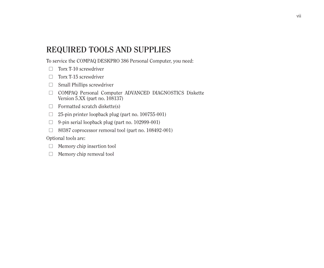 Compaq 386 manual Required Tools and Supplies 