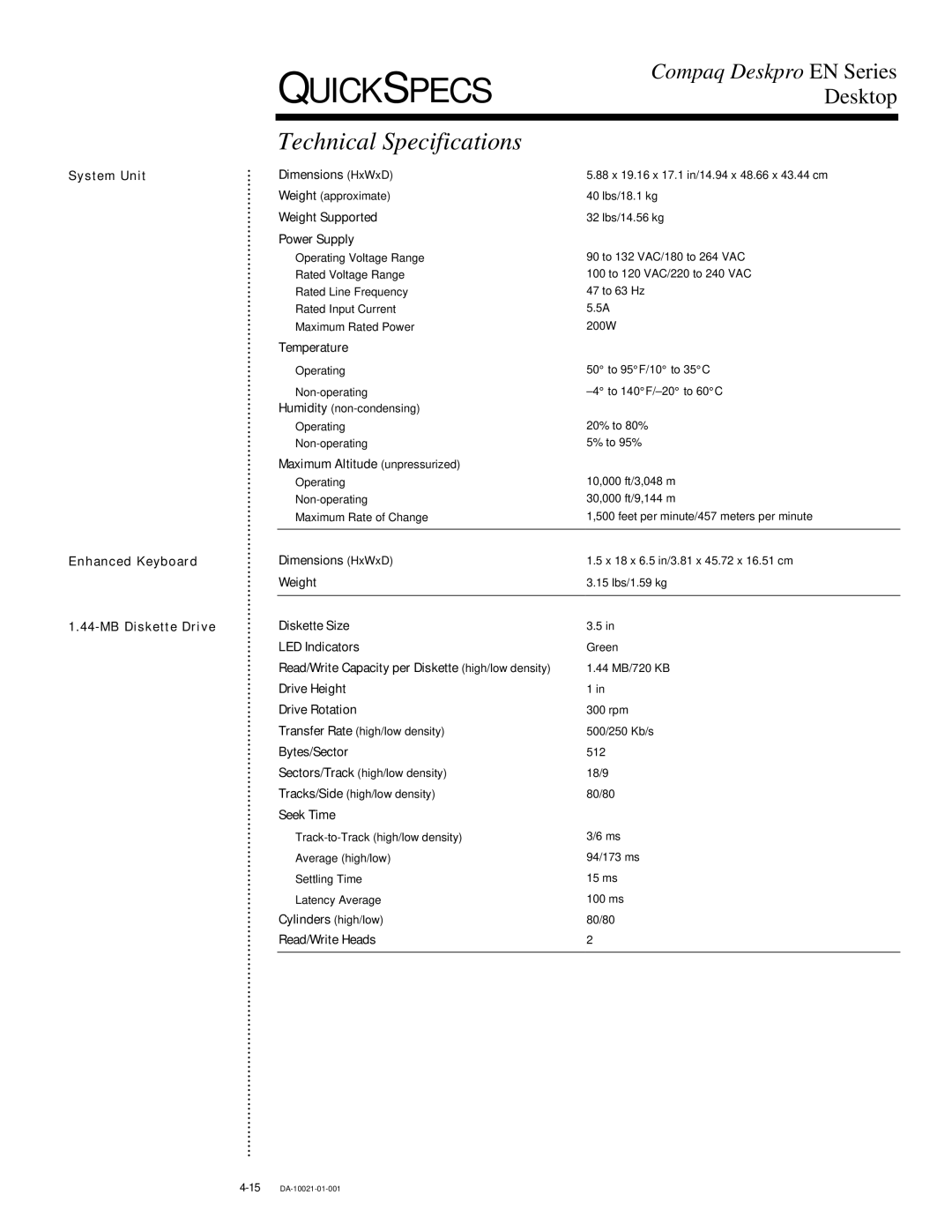 Compaq 4-1 DA-10021-01-001 warranty Technical Specifications, System Unit Enhanced Keyboard MB Diskette Drive 