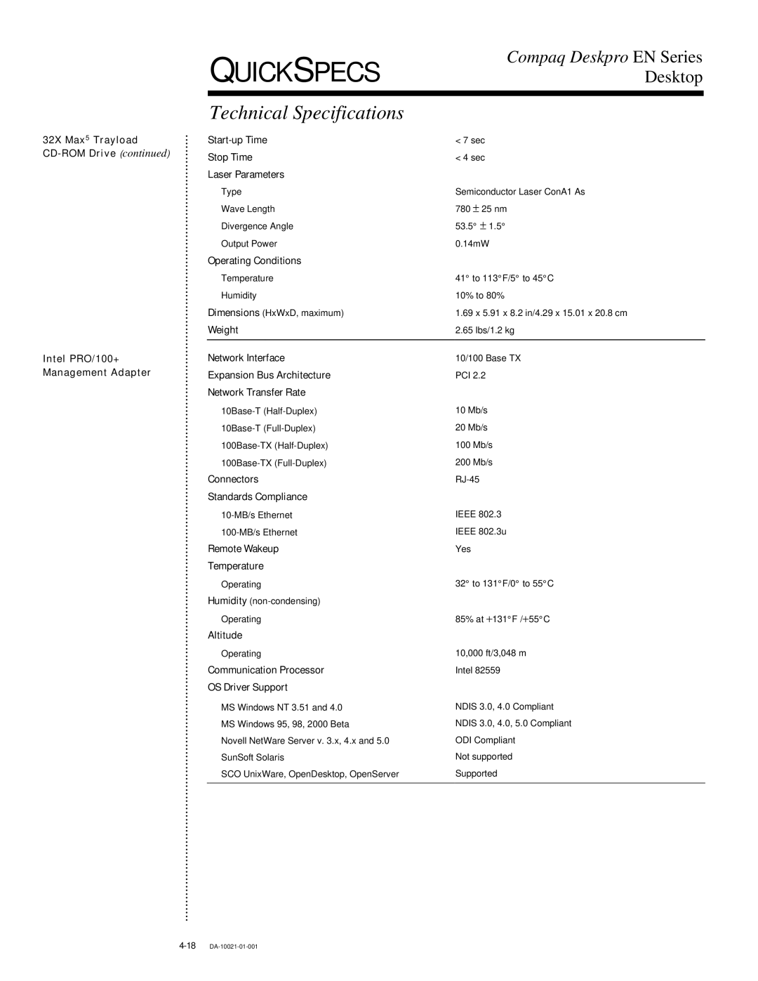 Compaq 4-1 DA-10021-01-001 warranty Technical Specifications 