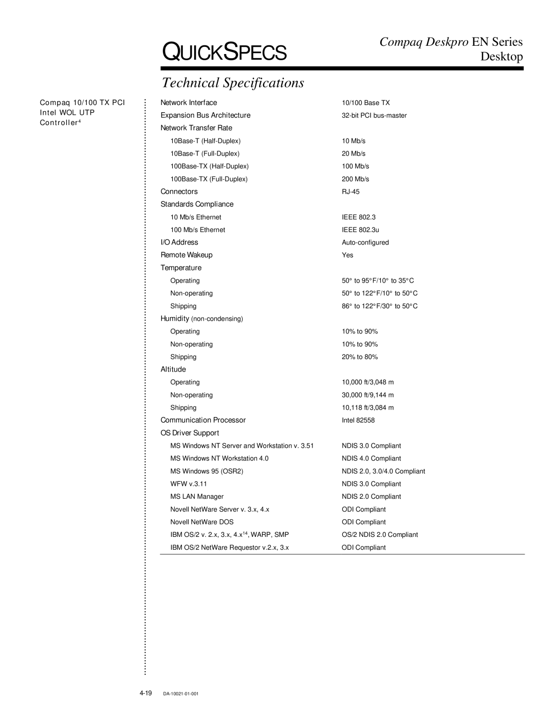 Compaq 4-1 DA-10021-01-001 warranty Connectors Standards Compliance, Address Remote Wakeup Temperature 