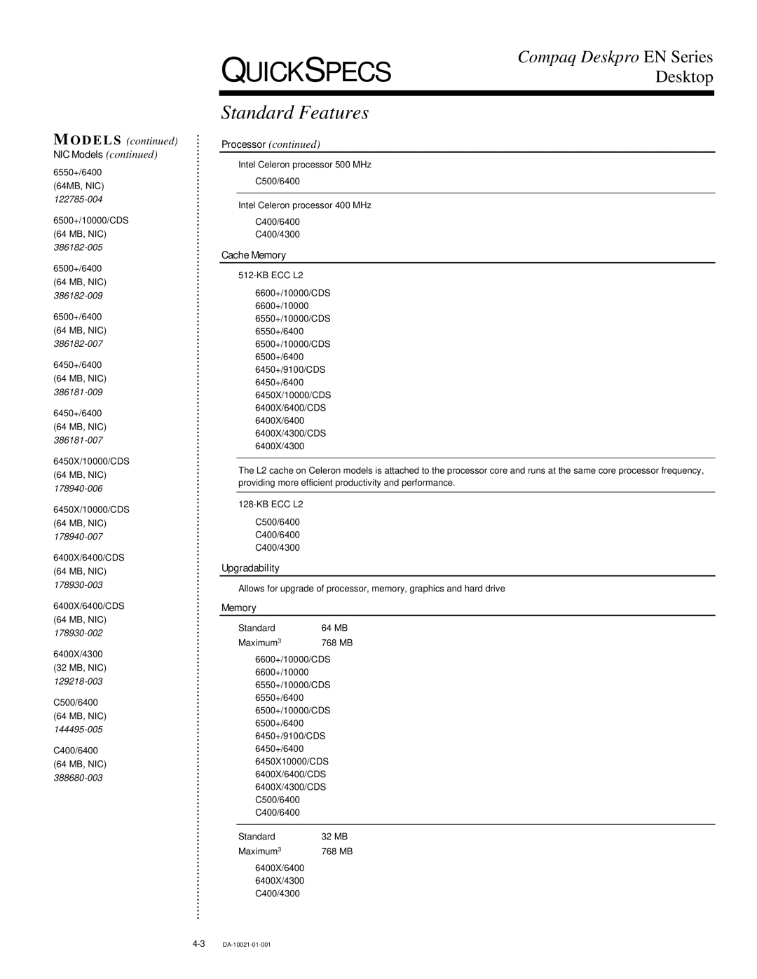 Compaq 4-1 DA-10021-01-001 warranty Standard Features, Cache Memory, Upgradability 