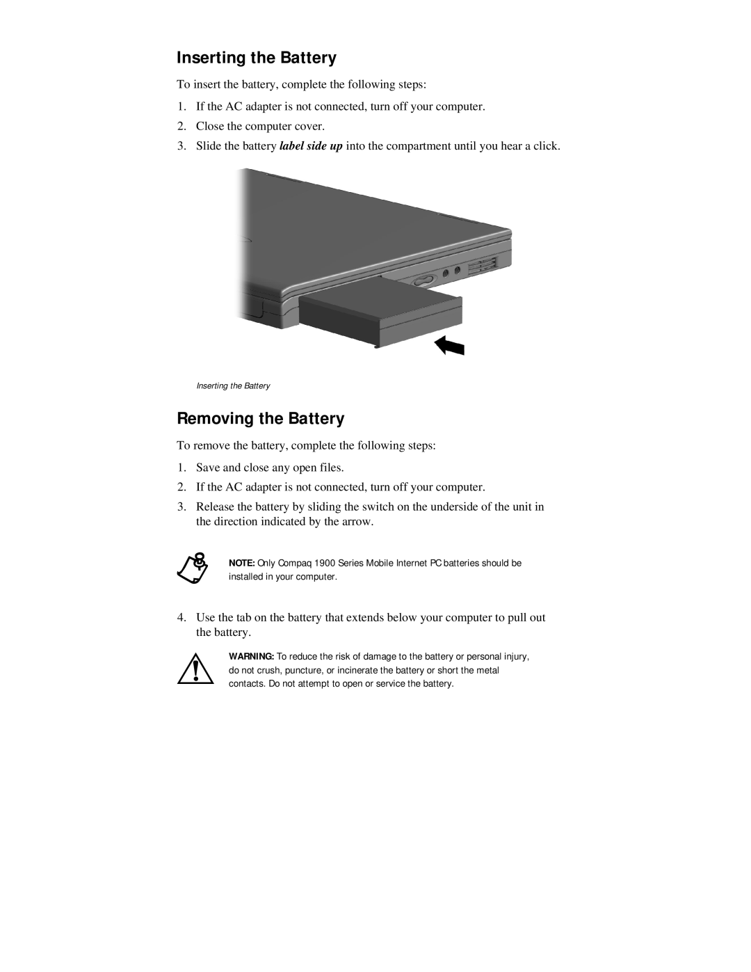 Compaq 400000 manual Inserting the Battery, Removing the Battery 