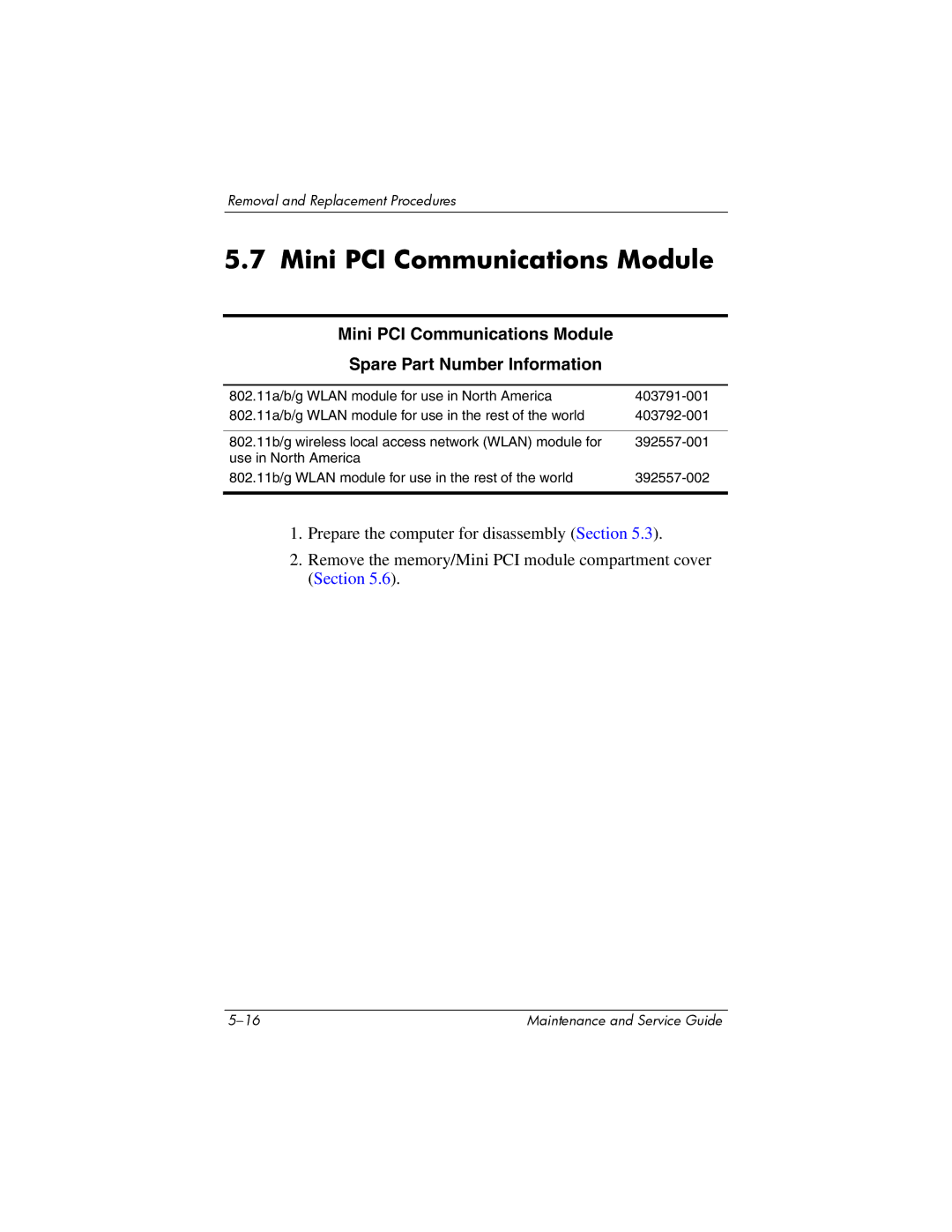 Compaq 407511-002 manual Mini PCI Communications Module Spare Part Number Information 