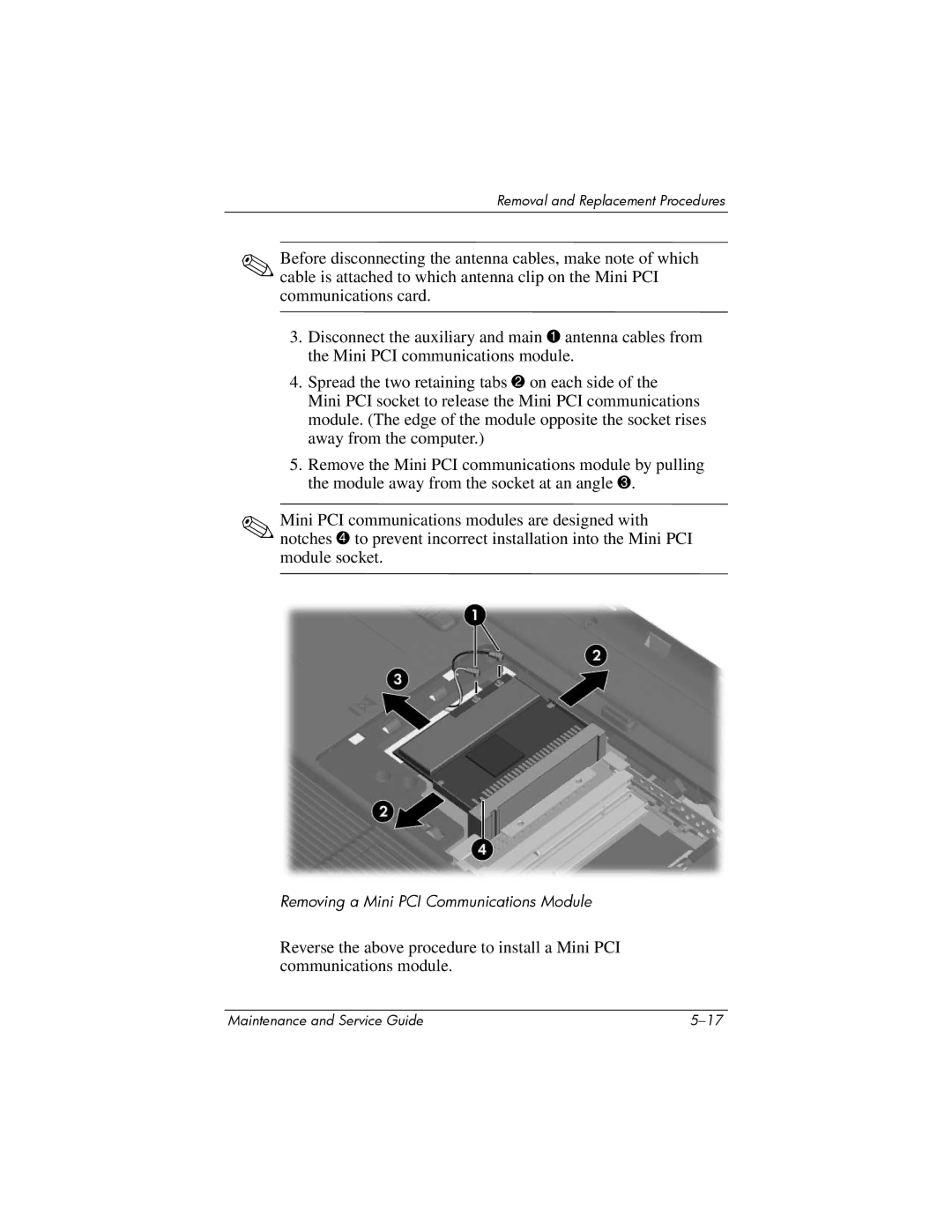 Compaq 407511-002 manual Removing a Mini PCI Communications Module 