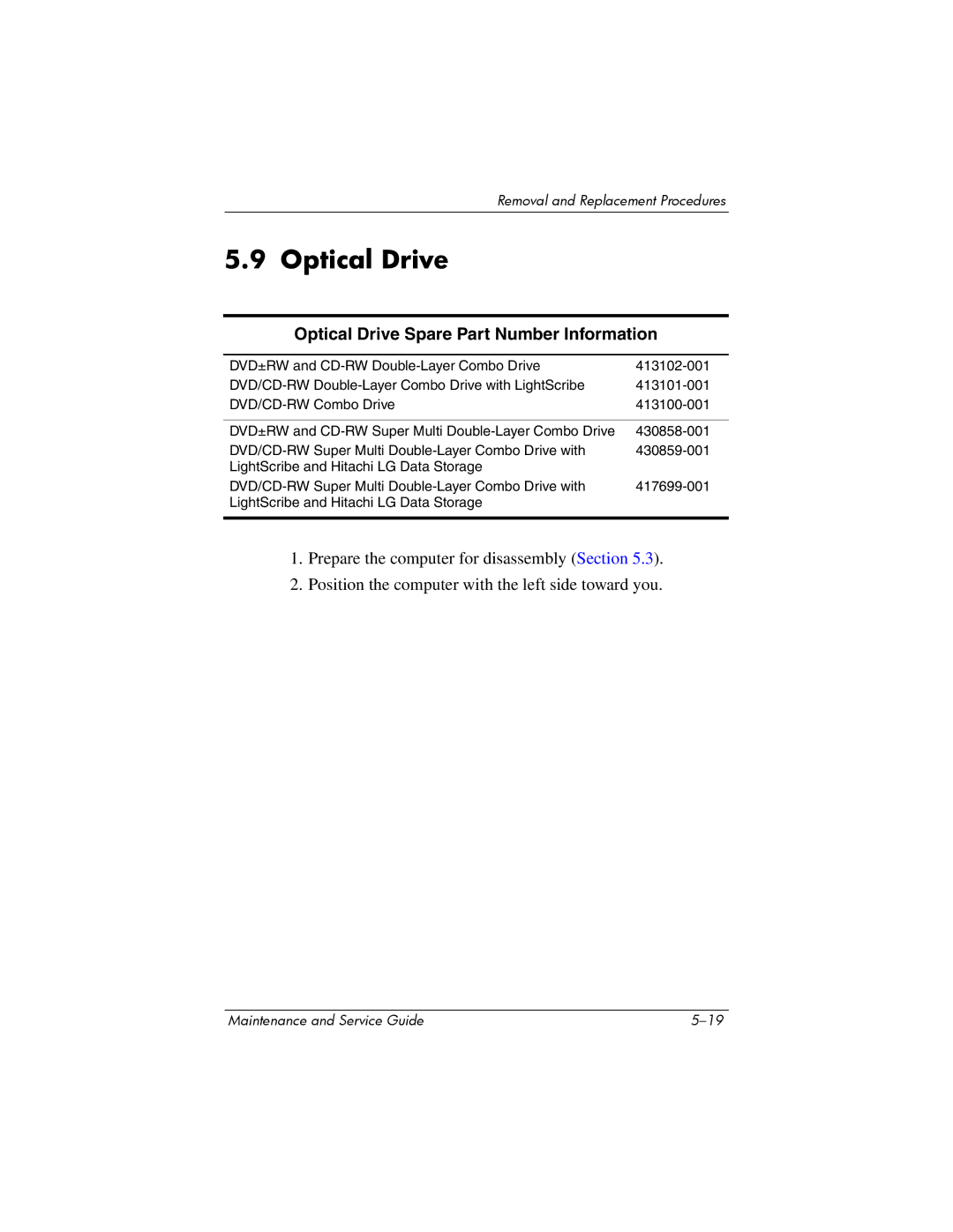 Compaq 407511-002 manual Optical Drive Spare Part Number Information 