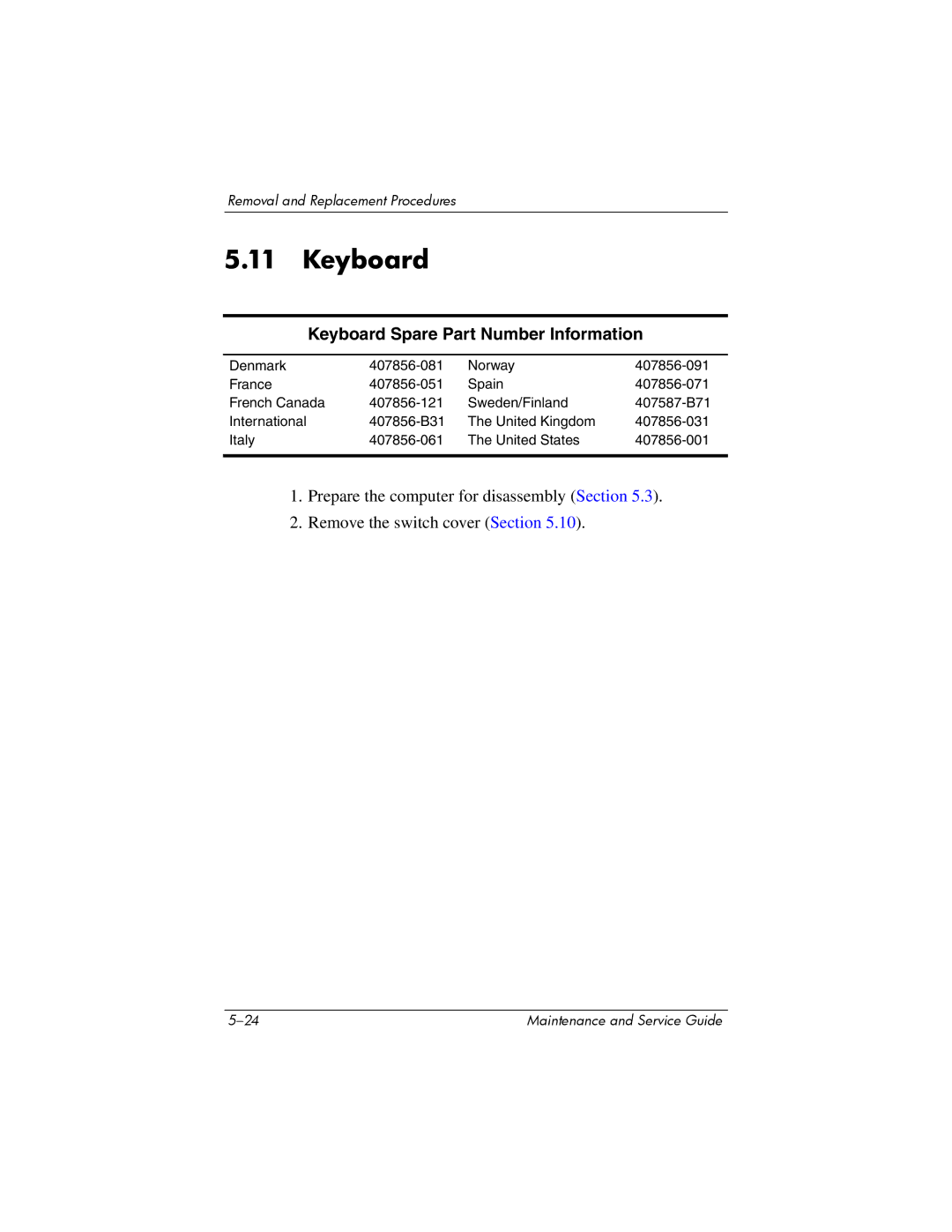 Compaq 407511-002 manual Keyboard Spare Part Number Information 