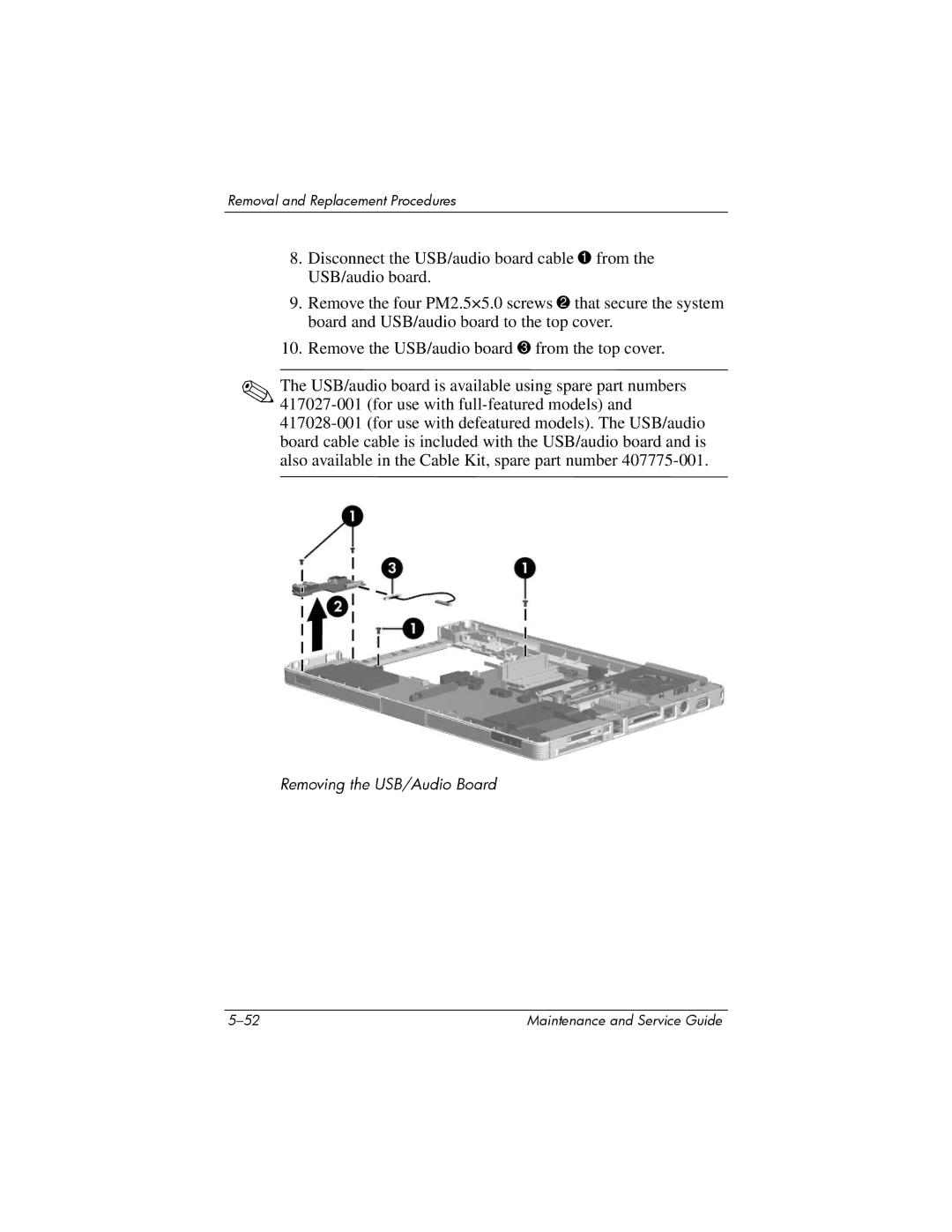 Compaq 407511-002 manual Removing the USB/Audio Board 