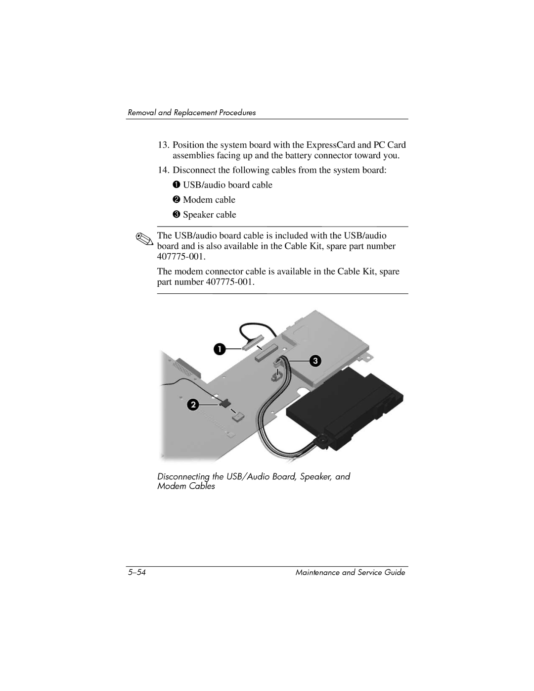 Compaq 407511-002 manual Disconnecting the USB/Audio Board, Speaker, Modem Cables 