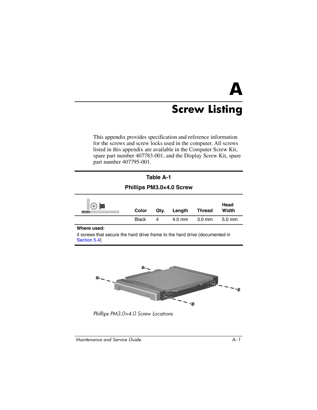 Compaq 407511-002 manual Table A-1 Phillips PM3.0×4.0 Screw, Head, Color Qty Length Thread Width Black Where used 