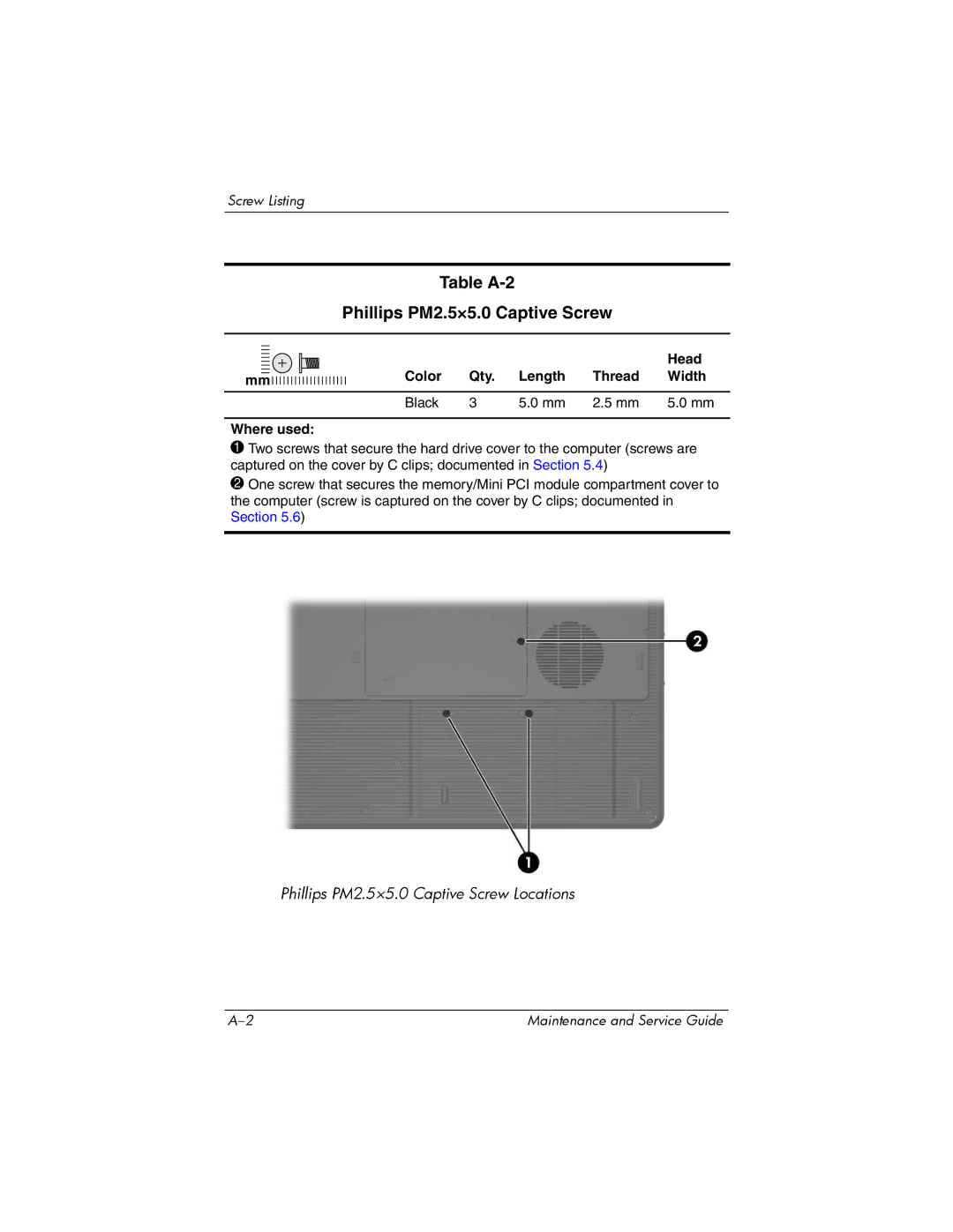 Compaq 407511-002 manual Table A-2 Phillips PM2.5×5.0 Captive Screw, Head Color Qty. Length Thread Width 