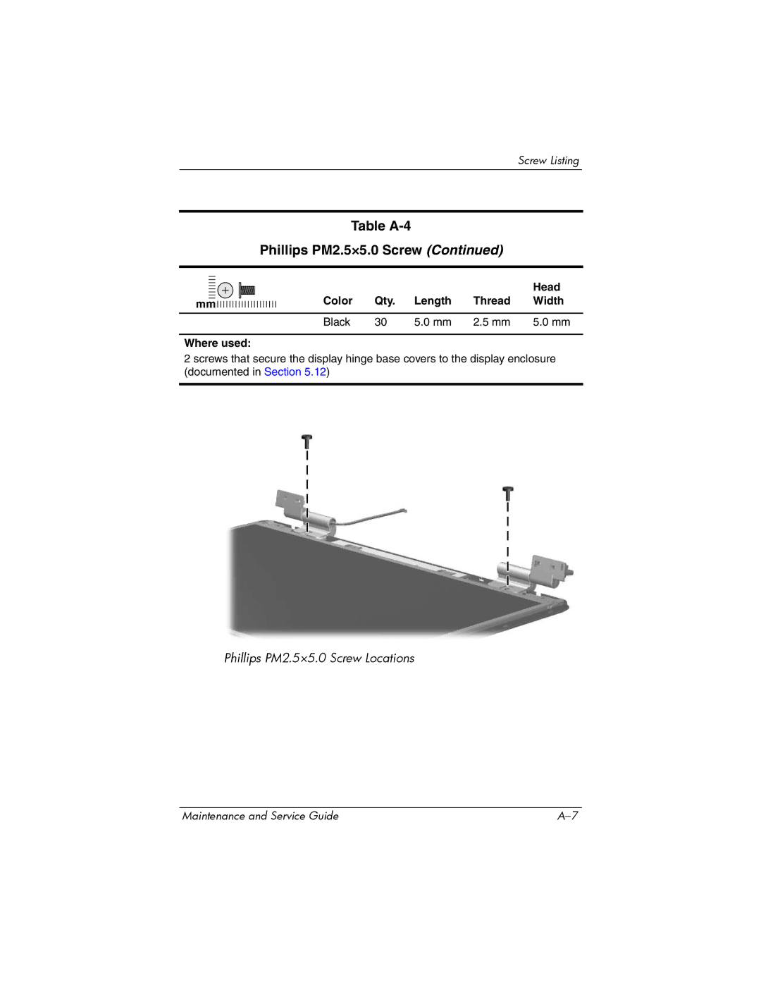 Compaq 407511-002 manual Table A-4 Phillips PM2.5×5.0 Screw 