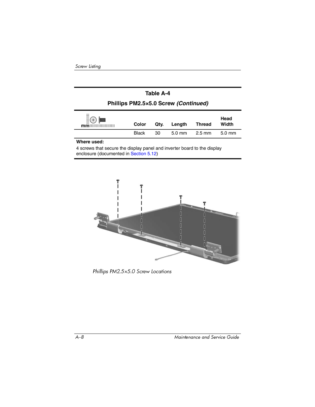 Compaq 407511-002 manual Table A-4 Phillips PM2.5×5.0 Screw 