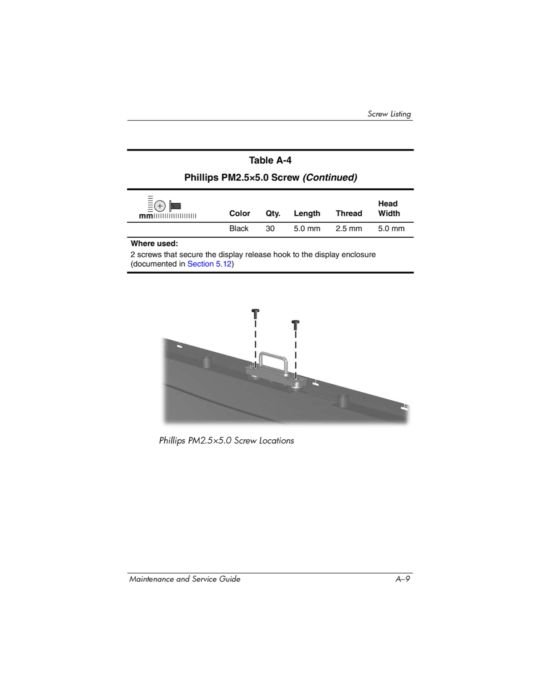 Compaq 407511-002 manual Table A-4 Phillips PM2.5×5.0 Screw 