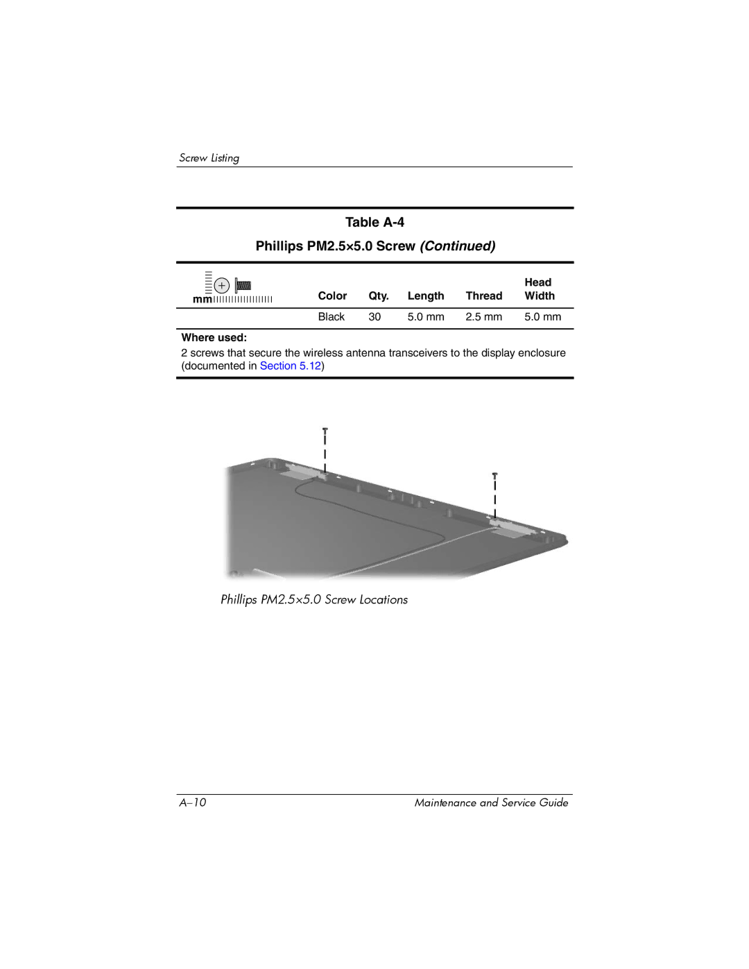 Compaq 407511-002 manual Table A-4 Phillips PM2.5×5.0 Screw 