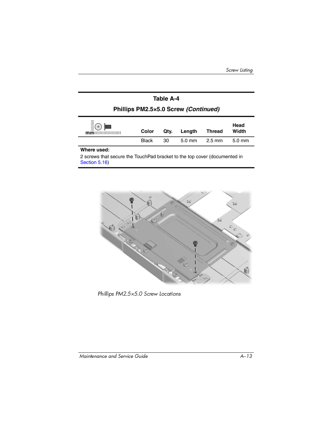 Compaq 407511-002 manual Table A-4 Phillips PM2.5×5.0 Screw 